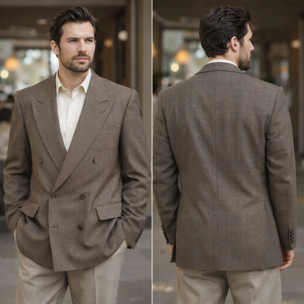 Haggar Mens 40L Pure Wool Double Breasted Blazer Brown Micro‎ Check Peak Lapel